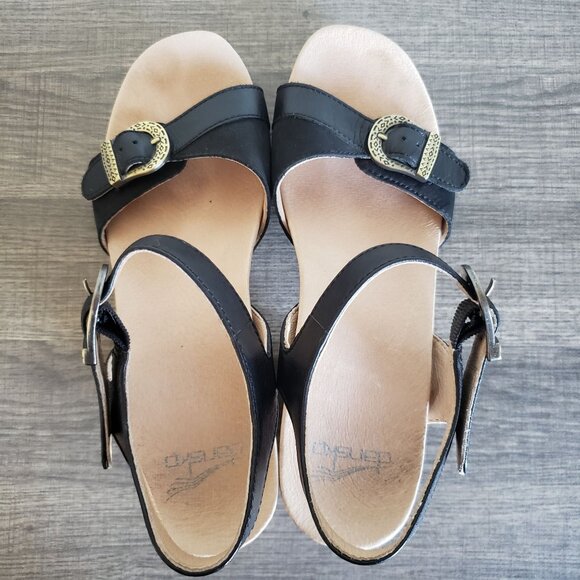 Dansko Anna Burnished Calf Leather Ankle Strap Sandals Block Heel Black Sz 8.5-9 - Picture 6 of 12